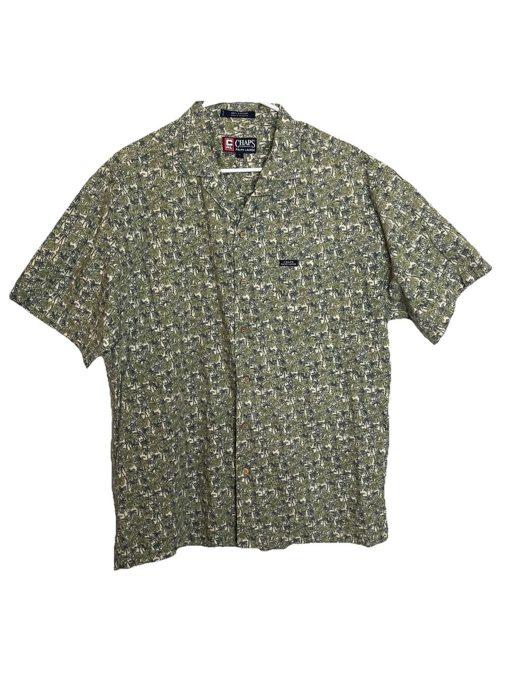 Chaps Ralph Lauren Men's L Green Palm Tree 100% Cotton Short Sleeve Button Shirt